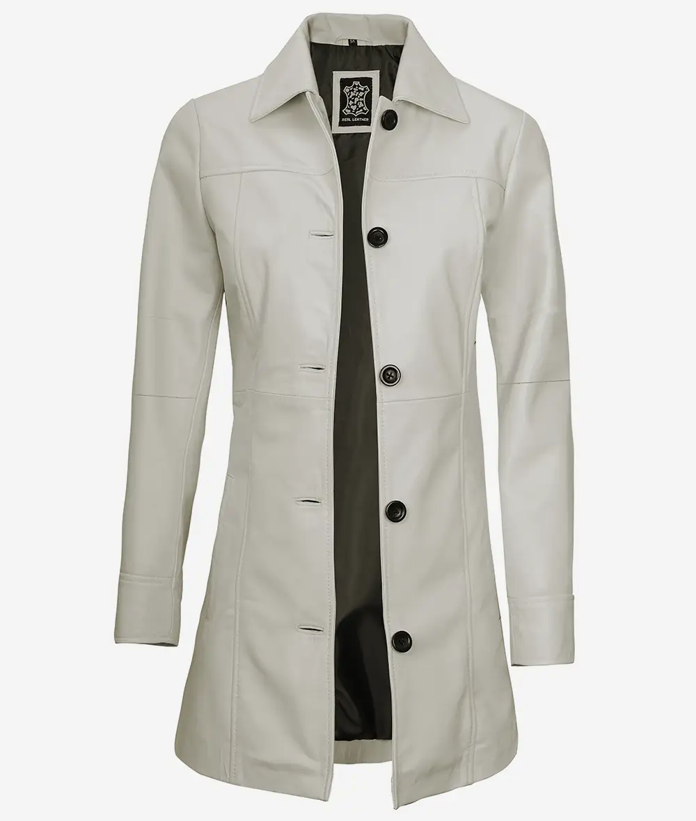 Women's Real Leather Off White 3/4 Length Coat