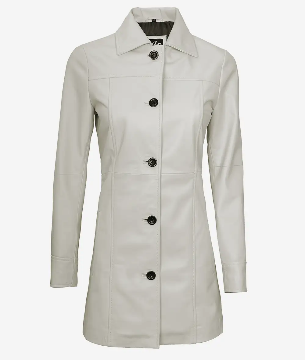 Women's Real Leather Off White 3/4 Length Coat