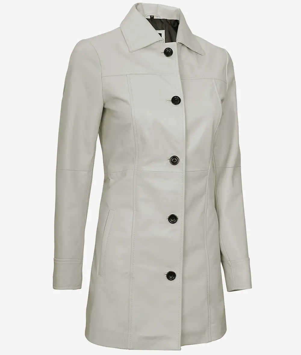 Women's Real Leather Off White 3/4 Length Coat