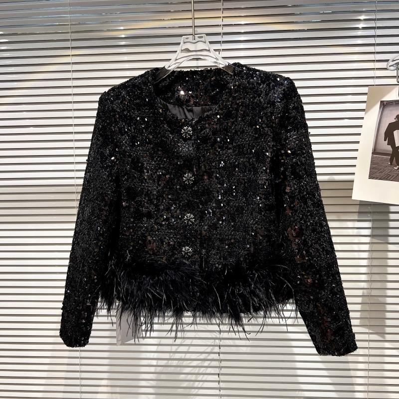 Women's Autumn Feather Embellished Sequin O-Neck Outdoor Jacket