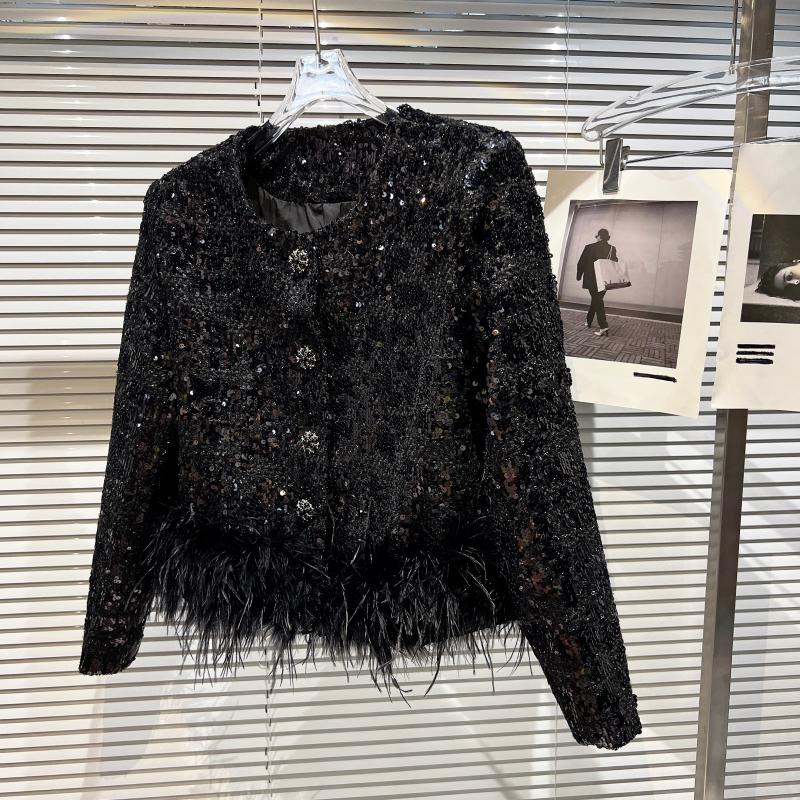 Women's Autumn Feather Embellished Sequin O-Neck Outdoor Jacket