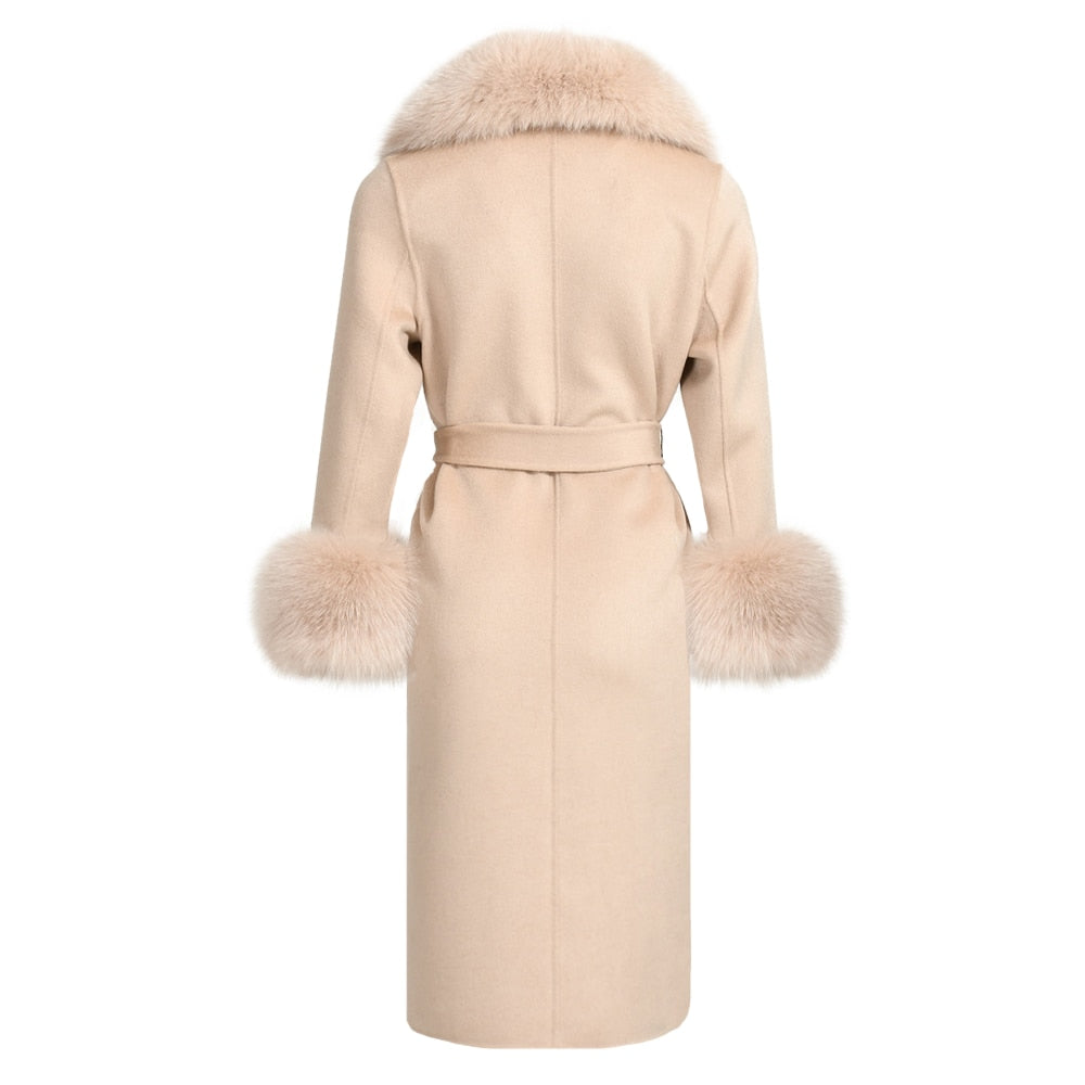 Women's Beige Double Faced Wool Real Fox Fur Collar Cuffs Winter Jacket