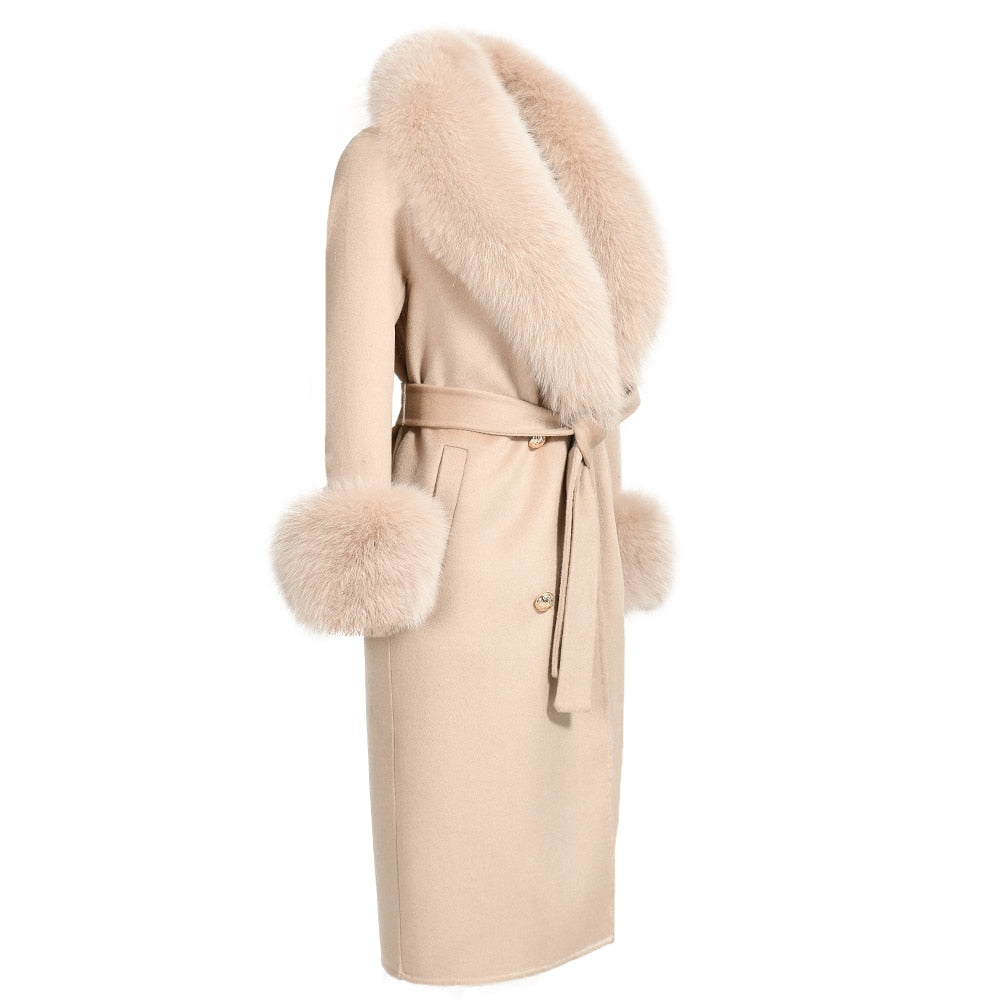 Women's Beige Double Faced Wool Real Fox Fur Collar Cuffs Winter Jacket