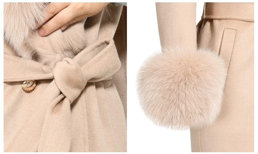 Women's Beige Double Faced Wool Real Fox Fur Collar Cuffs Winter Jacket