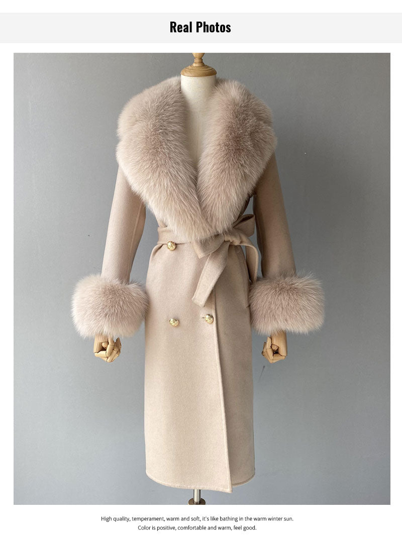 Women's Beige Double Faced Wool Real Fox Fur Collar Cuffs Winter Jacket