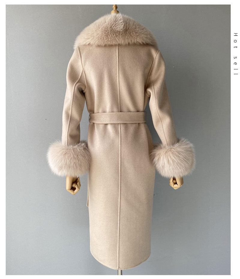 Women's Beige Double Faced Wool Real Fox Fur Collar Cuffs Winter Jacket