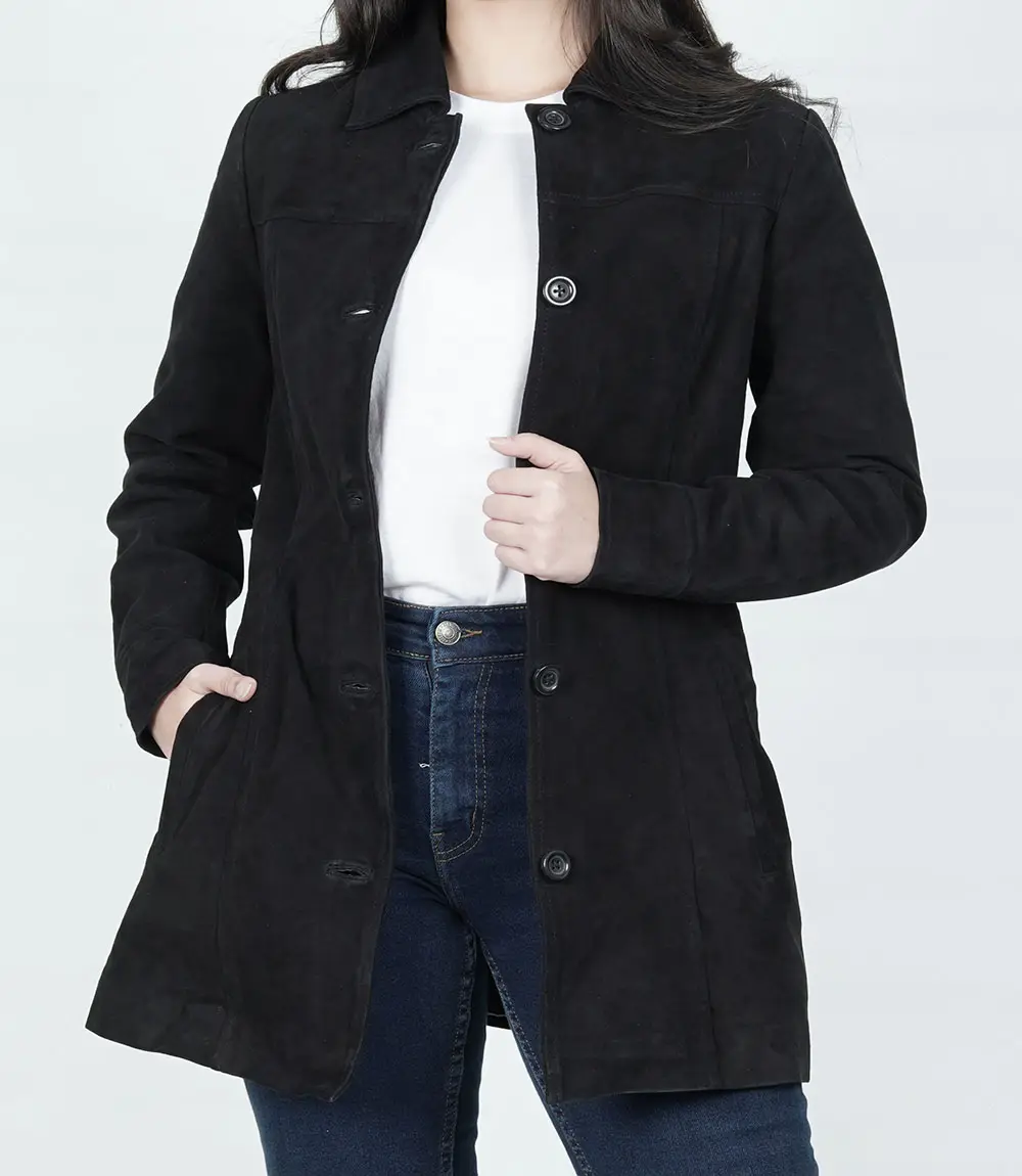 Womens Black Suede Button Down Coat