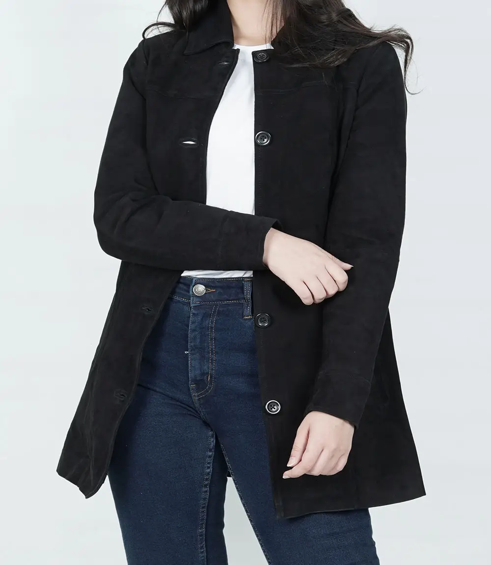 Womens Black Suede Button Down Coat