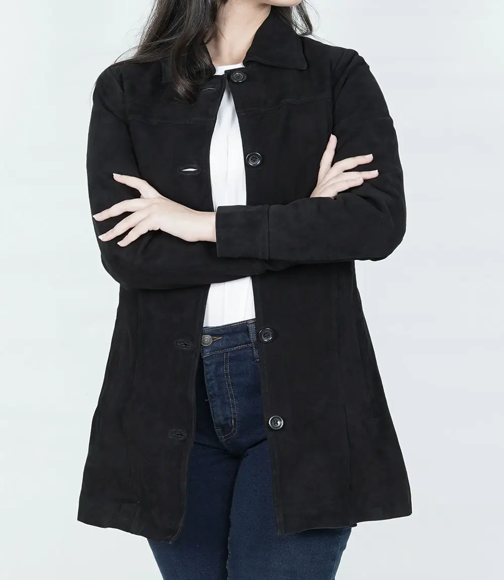 Womens Black Suede Button Down Coat