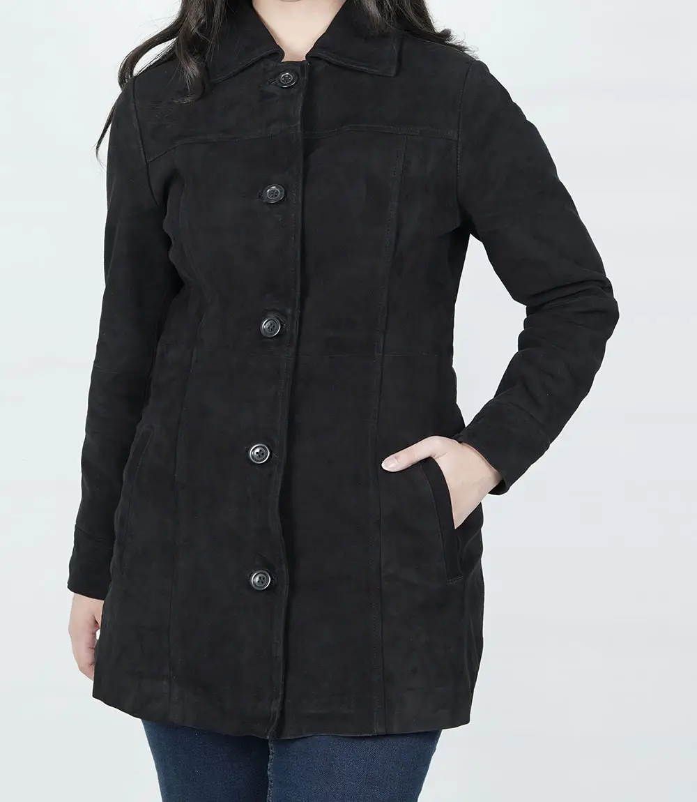 Womens Black Suede Button Down Coat