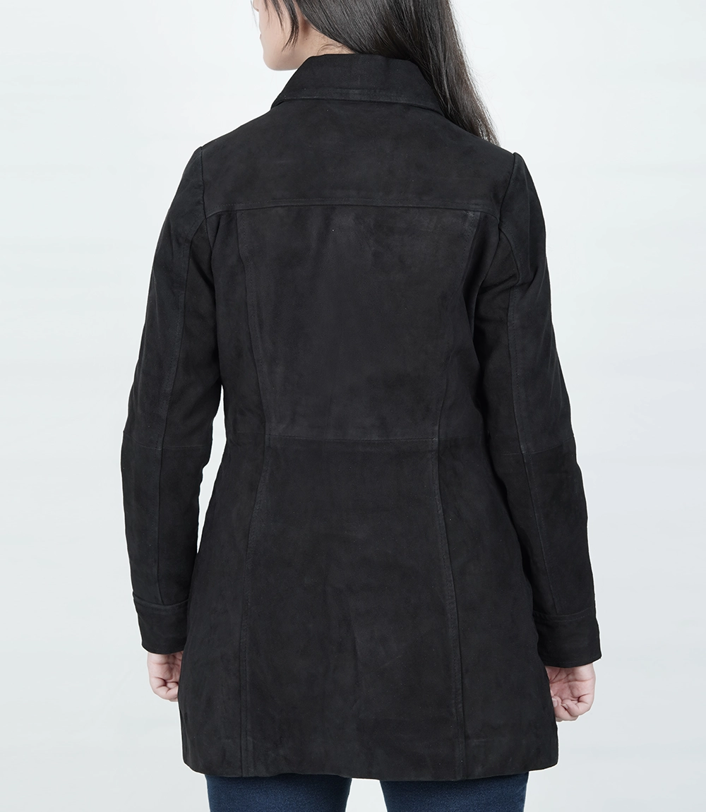 Womens Black Suede Button Down Coat