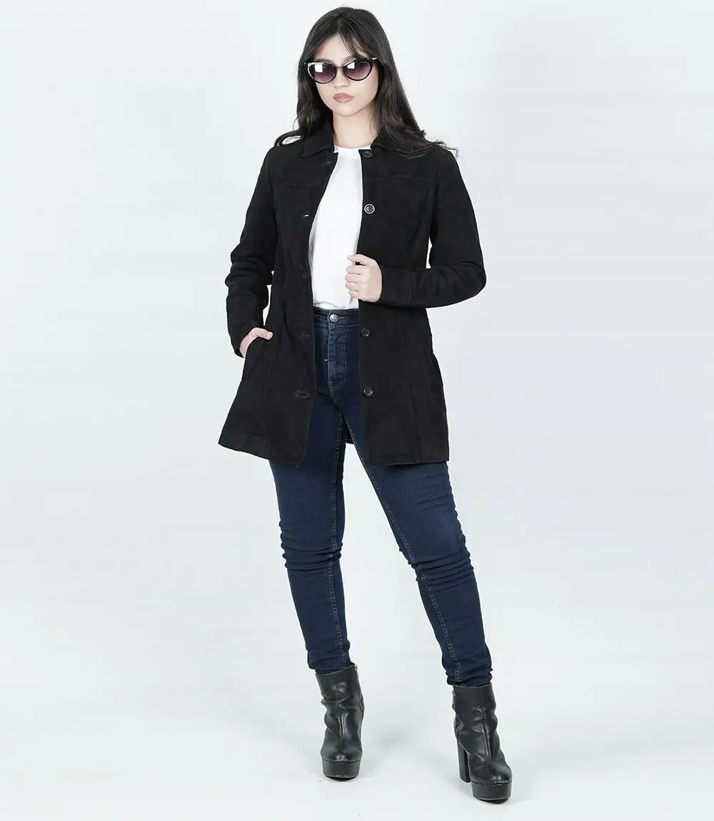 Womens Black Suede Button Down Coat