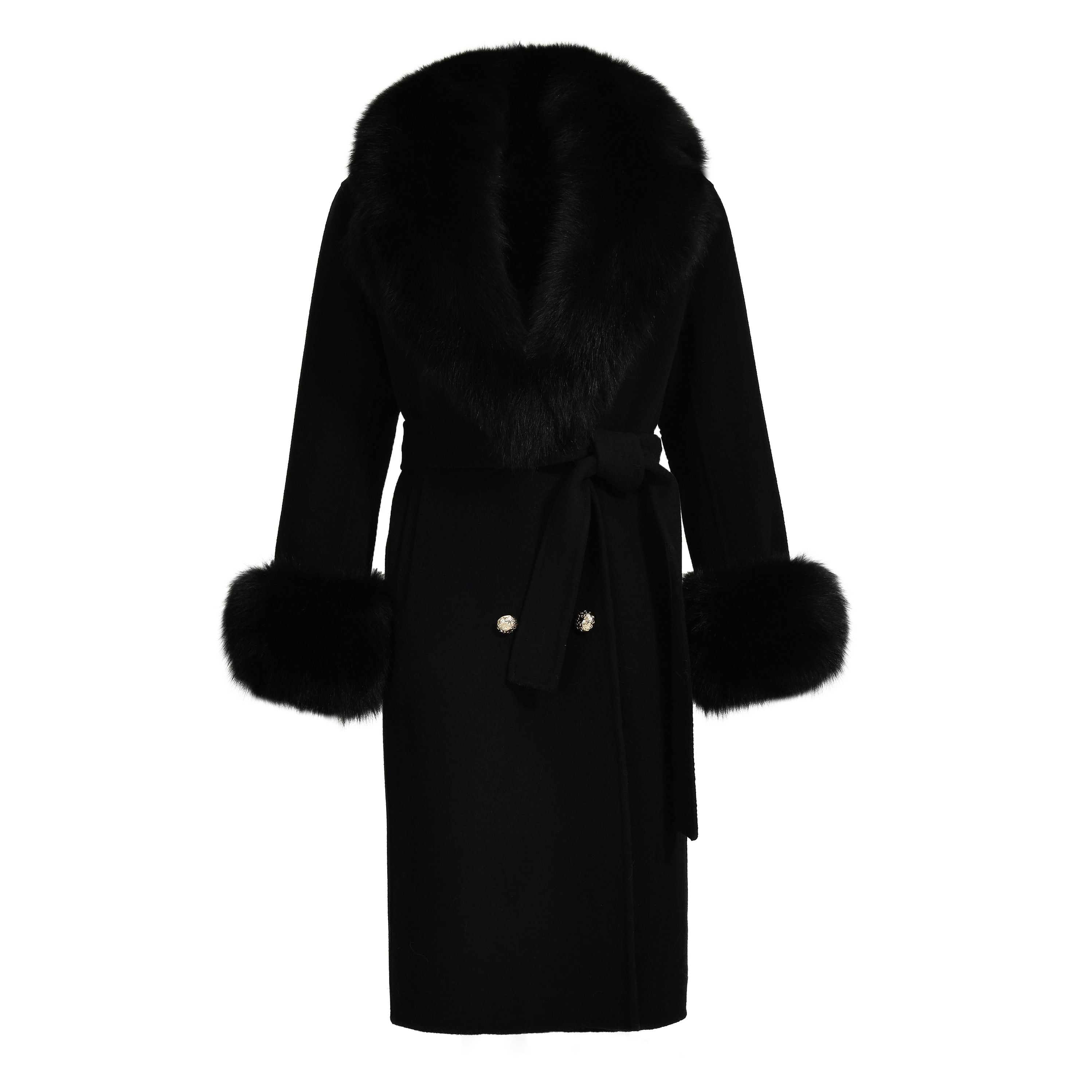 Women's Black Wool Real Fox Fur Collar Cuffs Double Faced Winter Jacket