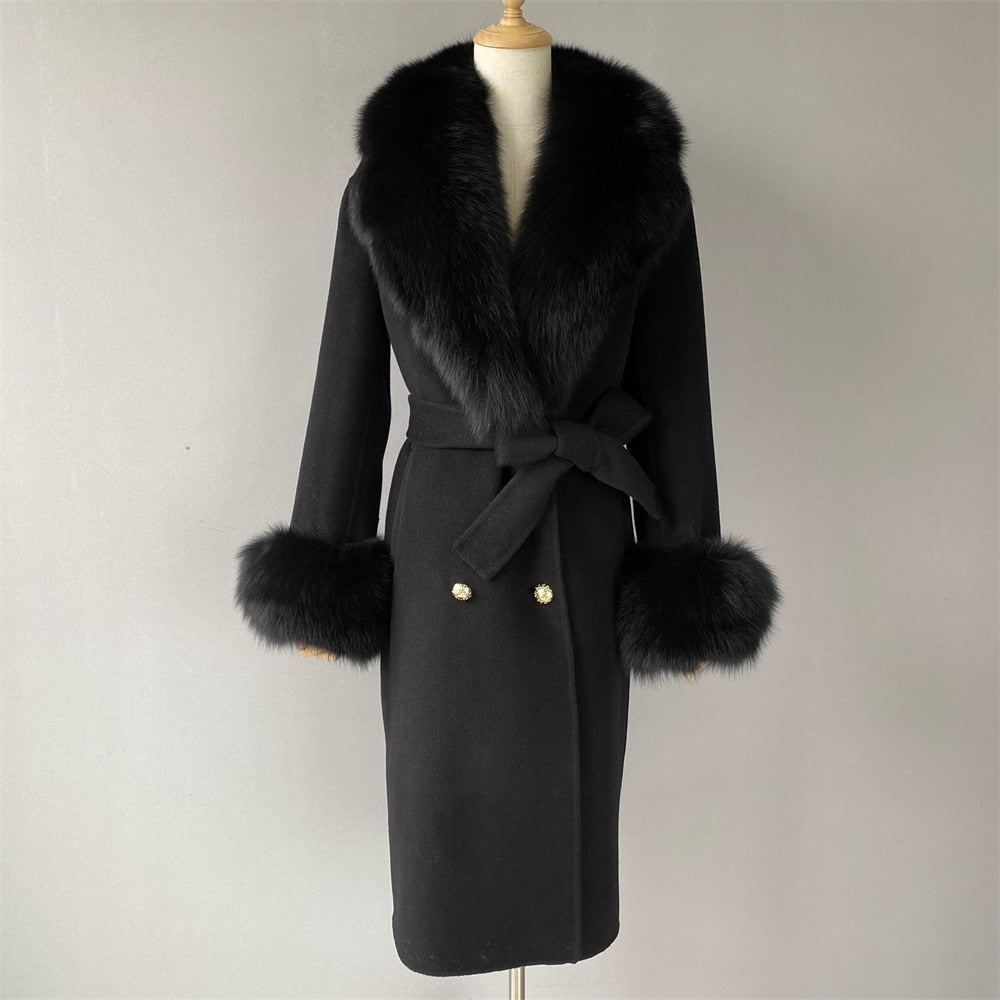 Women's Black Wool Real Fox Fur Collar Cuffs Double Faced Winter Jacket