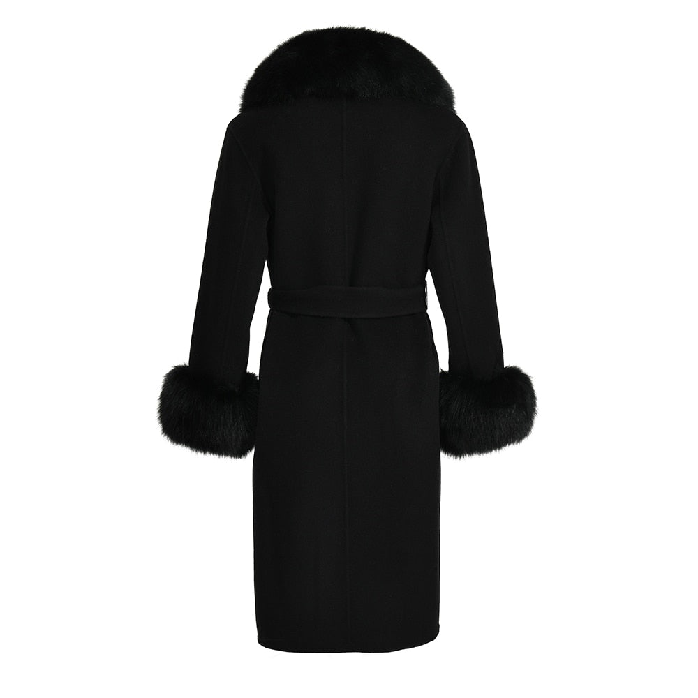 Women's Black Wool Real Fox Fur Collar Cuffs Double Faced Winter Jacket