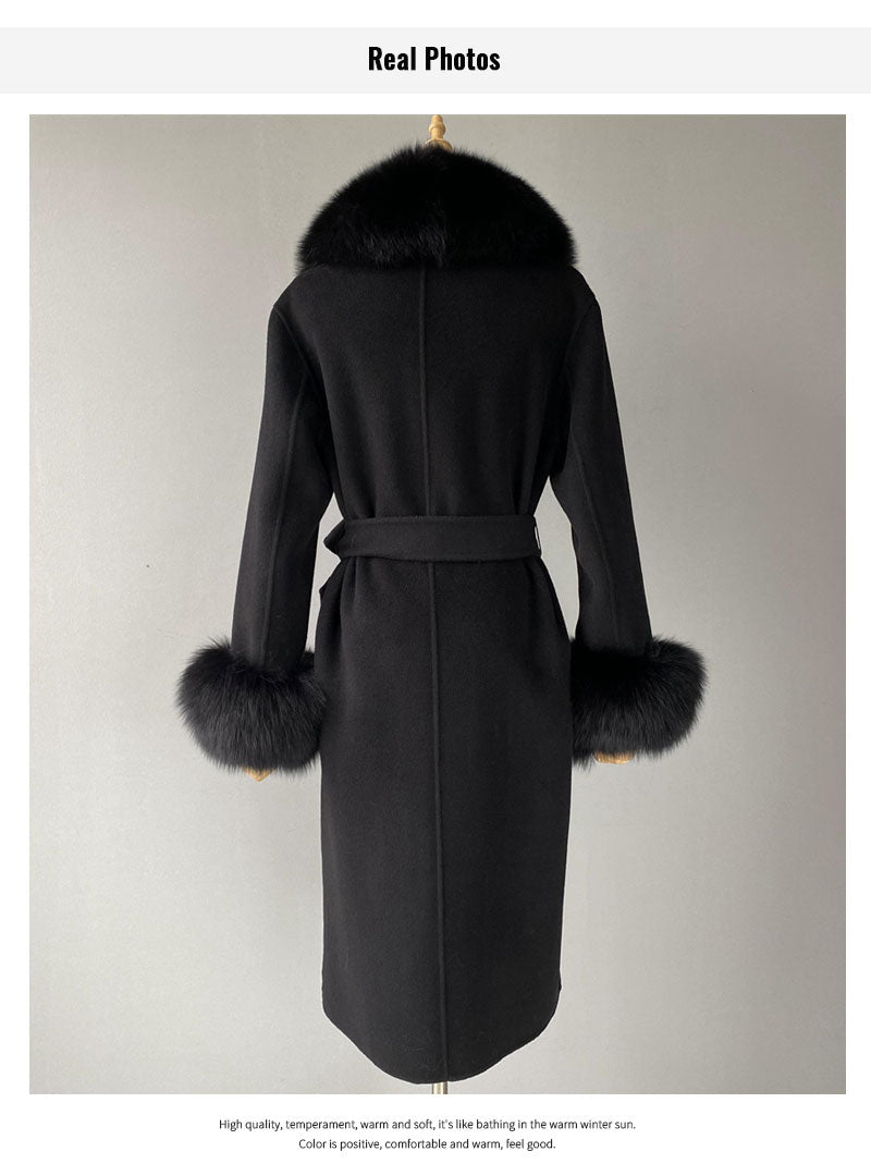 Women's Black Wool Real Fox Fur Collar Cuffs Double Faced Winter Jacket