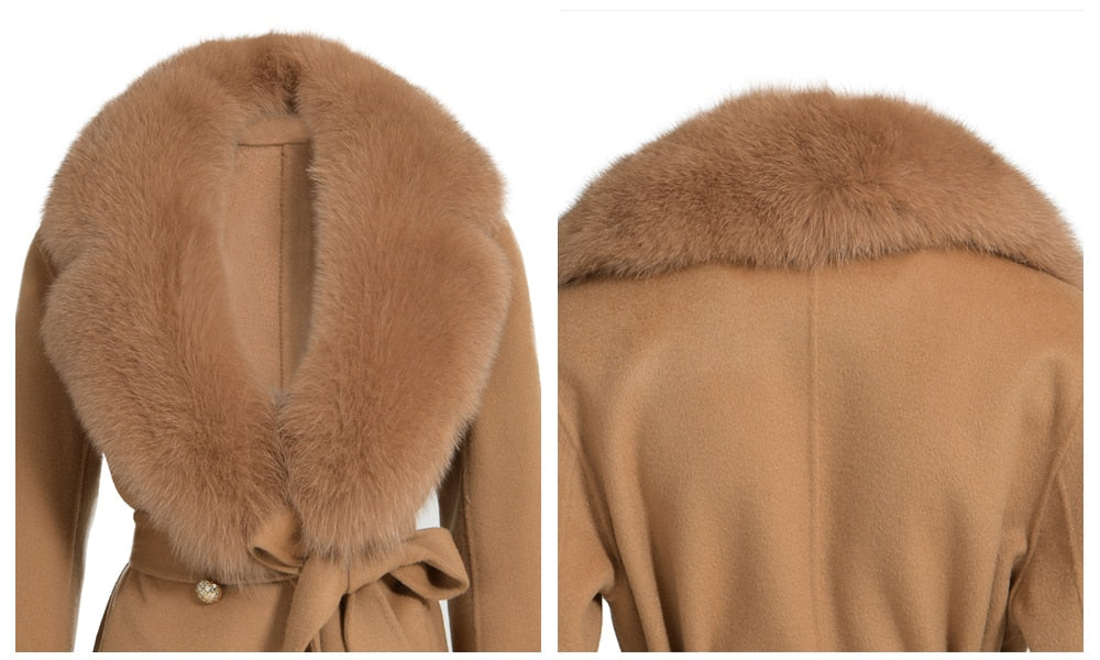 Women's Camel Brown Wool Real Fur Collar Cuffs Double Faced Winter Jacket