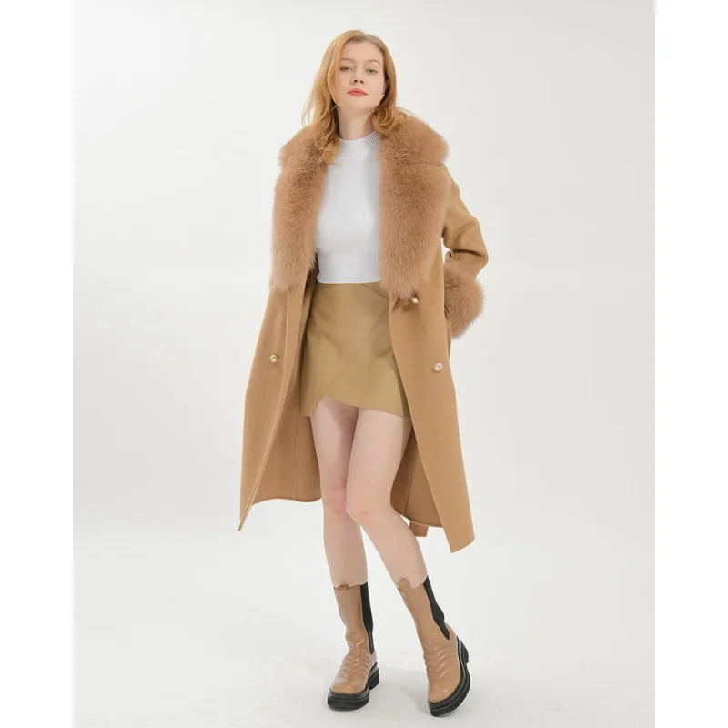 Women's Camel Brown Wool Real Fur Collar Cuffs Double Faced Winter Jacket