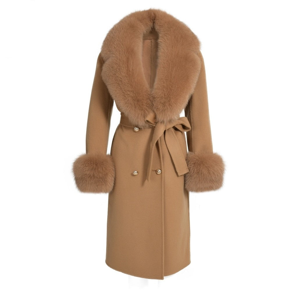 Women's Camel Brown Wool Real Fur Collar Cuffs Double Faced Winter Jacket