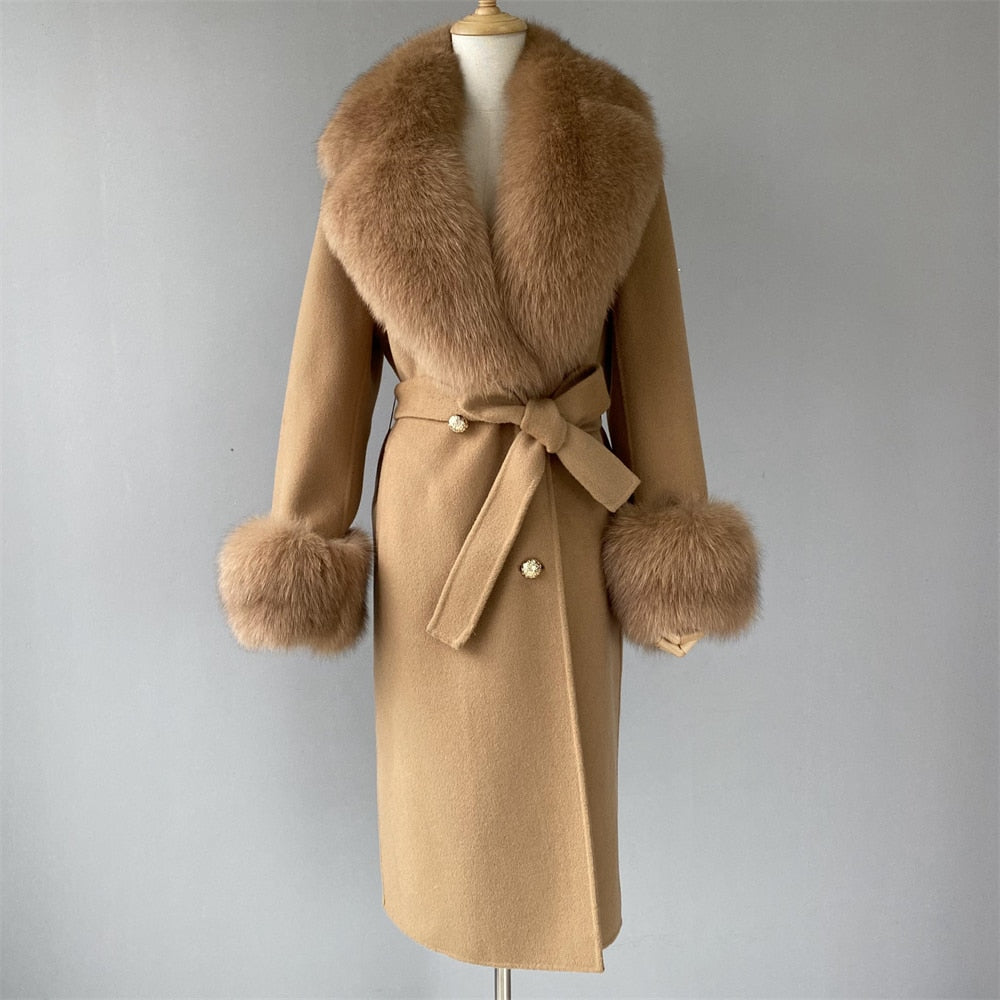 Women's Camel Brown Wool Real Fur Collar Cuffs Double Faced Winter Jacket