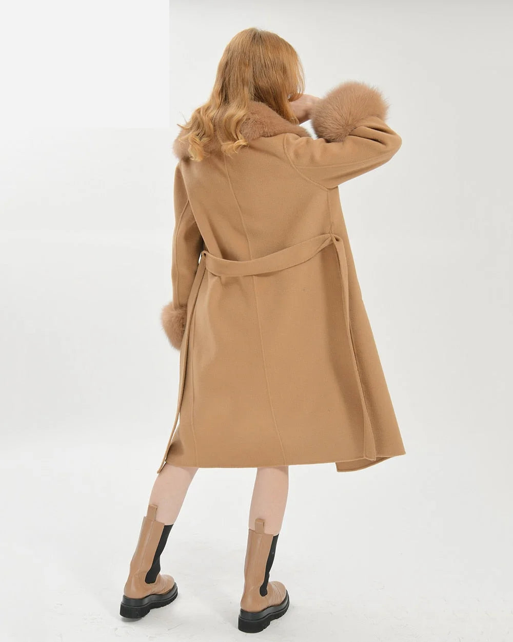 Women's Camel Brown Wool Real Fur Collar Cuffs Double Faced Winter Jacket