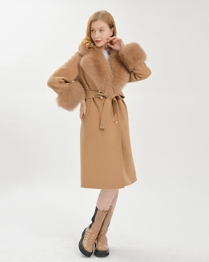 Women's Camel Brown Wool Real Fur Collar Cuffs Double Faced Winter Jacket