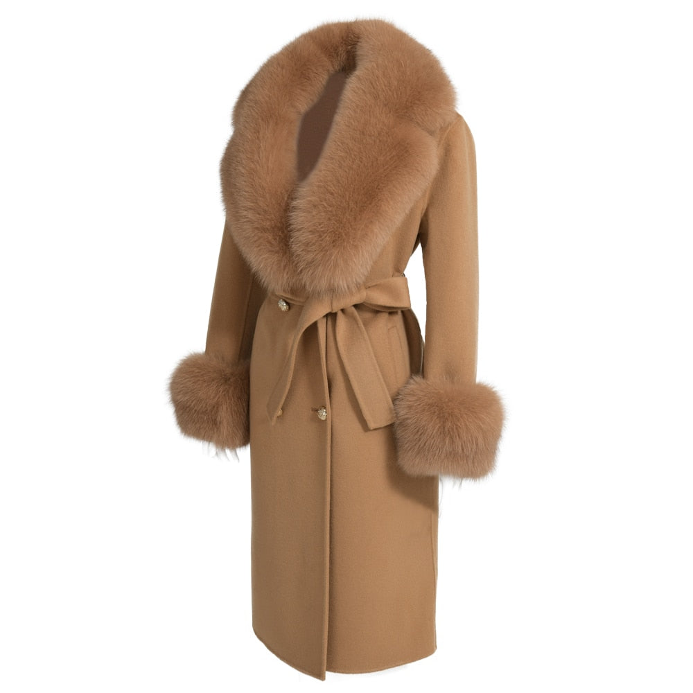 Women's Camel Brown Wool Real Fur Collar Cuffs Double Faced Winter Jacket