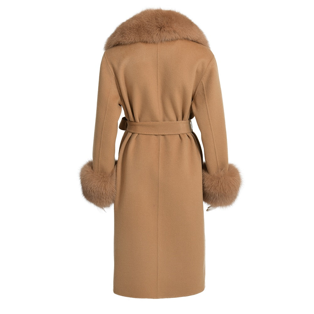 Women's Camel Brown Wool Real Fur Collar Cuffs Double Faced Winter Jacket