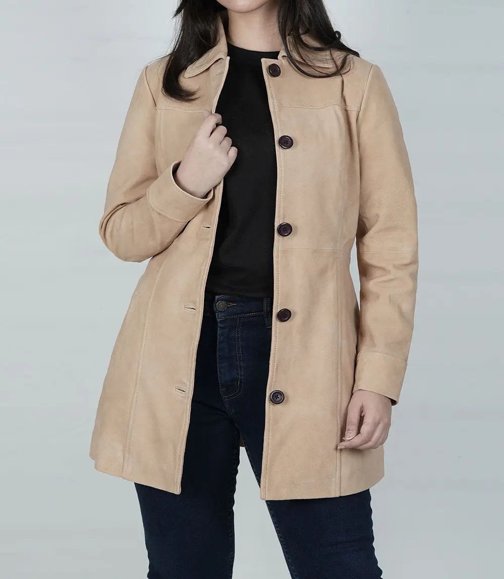 Womens Camel Suede Button Down Coat