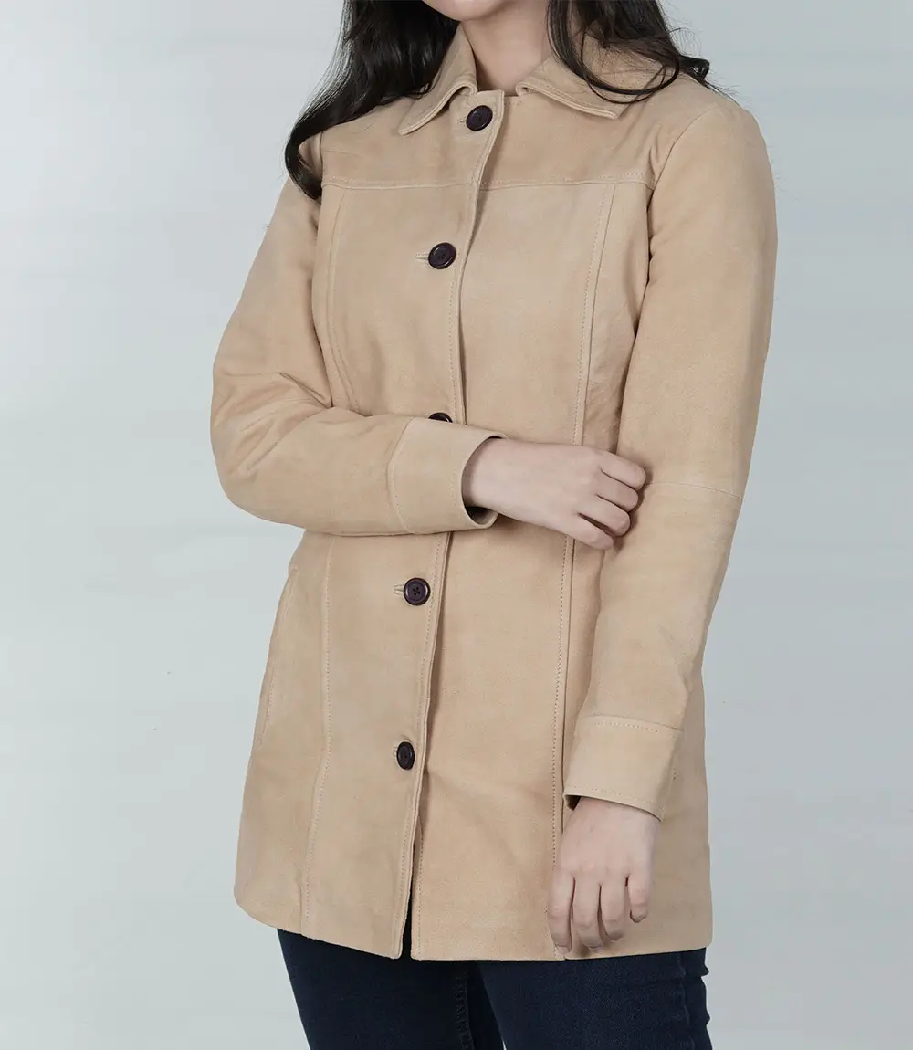 Womens Camel Suede Button Down Coat