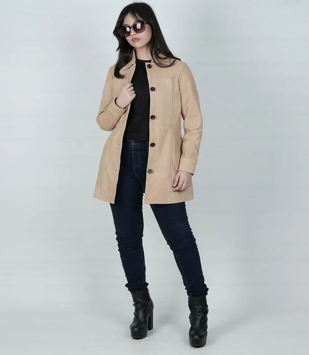 Womens Camel Suede Button Down Coat