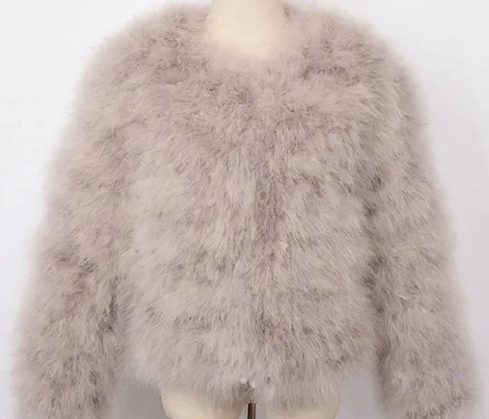 Women's Casual Beige Furry Long Sleeve Short Winter Party Jacket