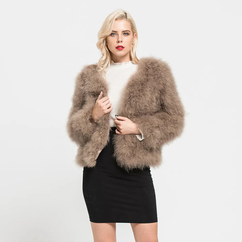 Women's Casual Beige Furry Long Sleeve Short Winter Party Jacket