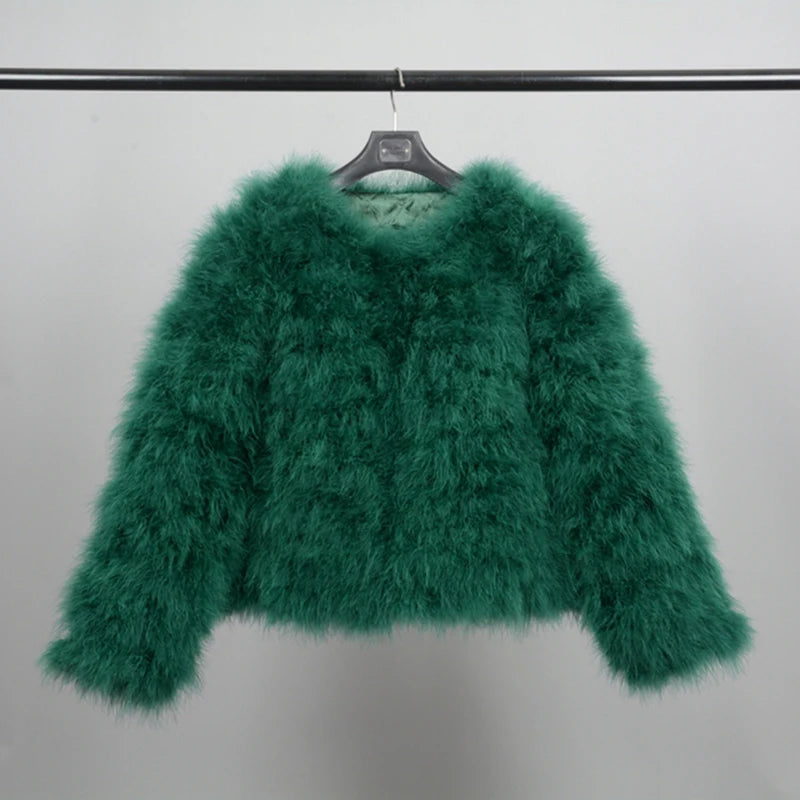 Women's Casual Green Furry Long Sleeve Short Winter Party Jacket