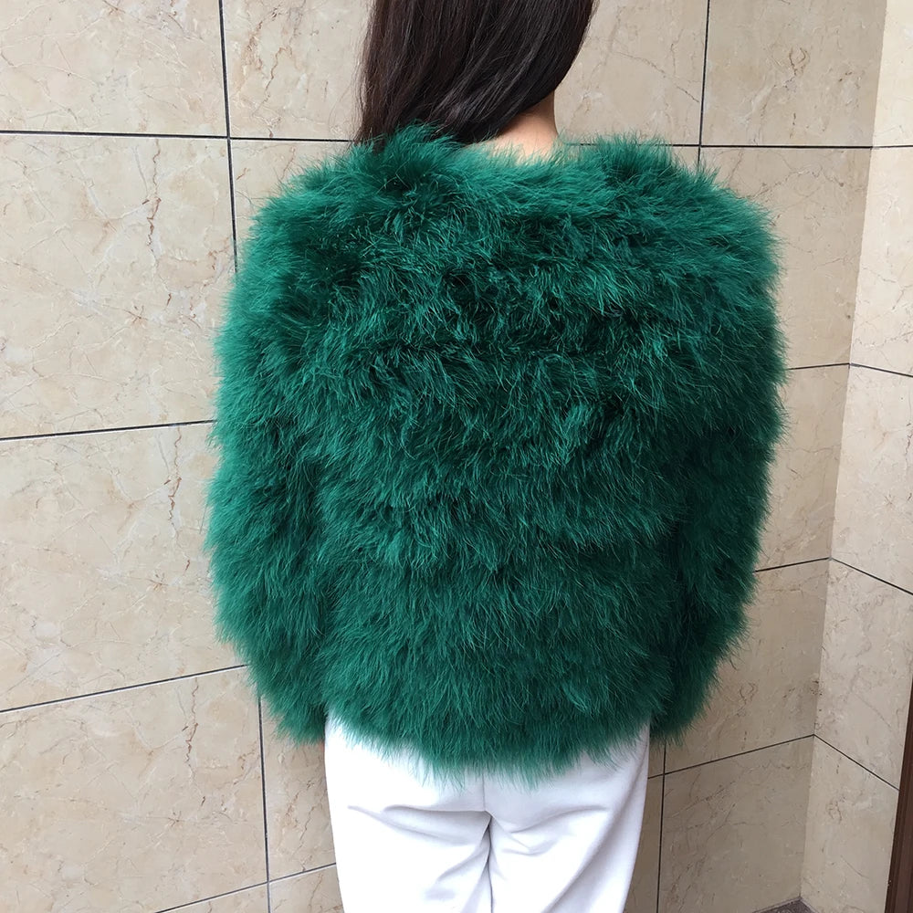 Women's Casual Green Furry Long Sleeve Short Winter Party Jacket