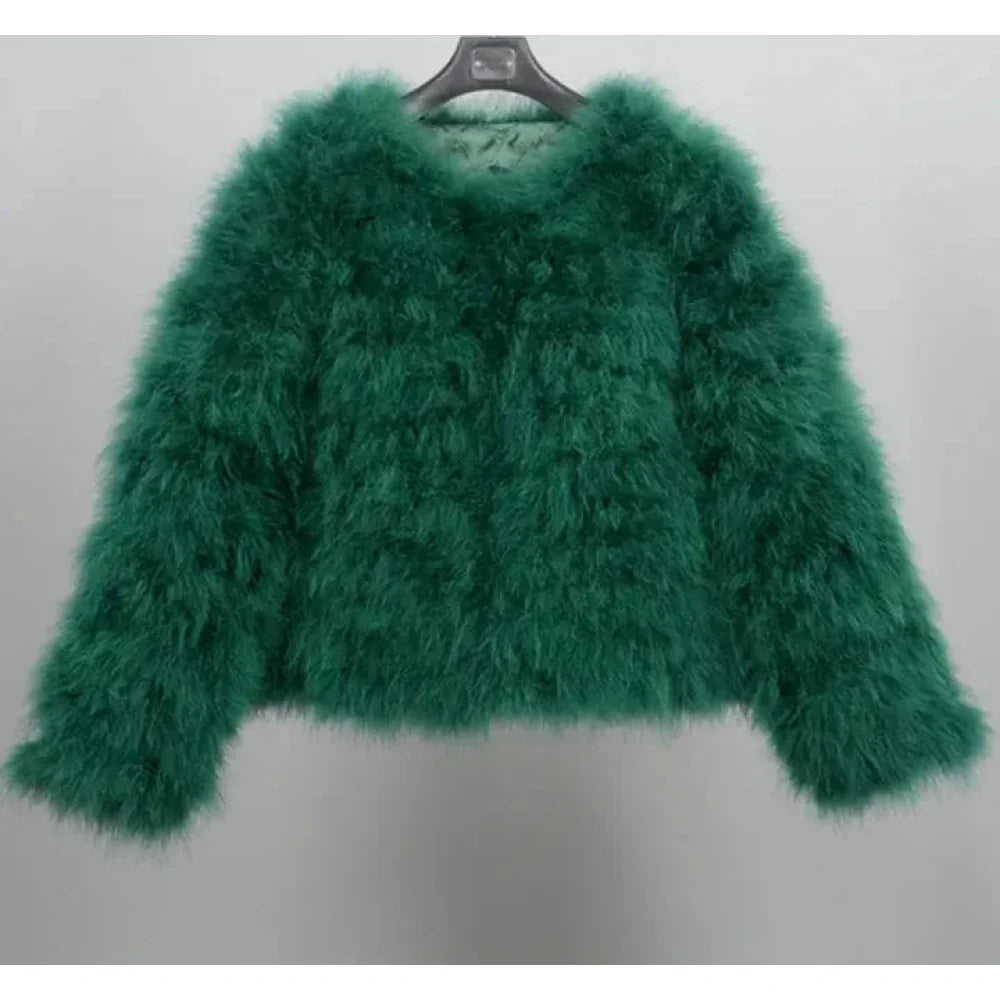 Women's Casual Green Furry Long Sleeve Short Winter Party Jacket