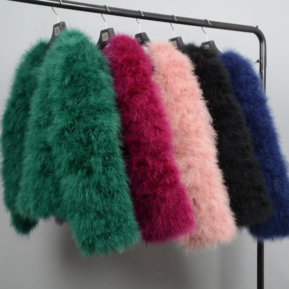 Women's Casual Green Furry Long Sleeve Short Winter Party Jacket