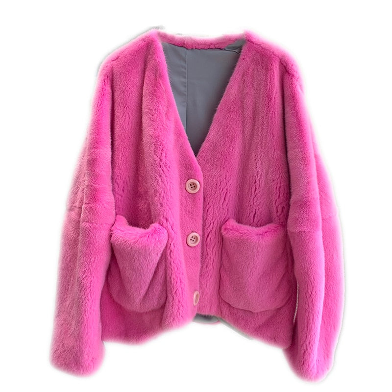 Women's Casual Real Mink Fur Bat Sleeves Outerwear Thick Warm Jacket