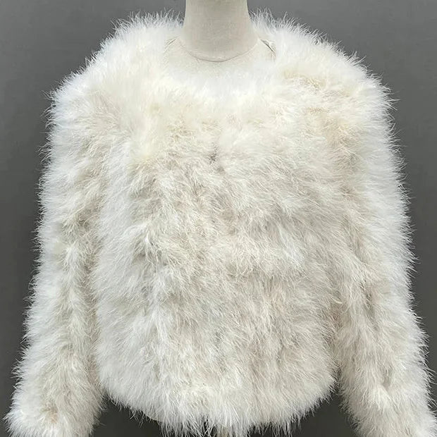 Women's Casual White Furry Long Sleeve Short Winter Party Jacket