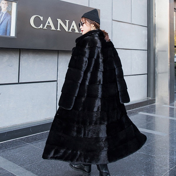 Women's Casual Winter Warm Real Mink Fur Turn Down Collar Slim Long Jacket