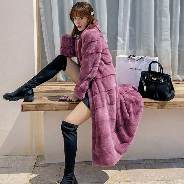 Women's Casual Winter Warm Real Mink Fur Turn Down Collar Slim Long Jacket