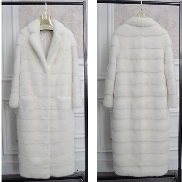 Women's Casual Winter Warm Real Mink Fur Turn Down Collar Slim Long Jacket