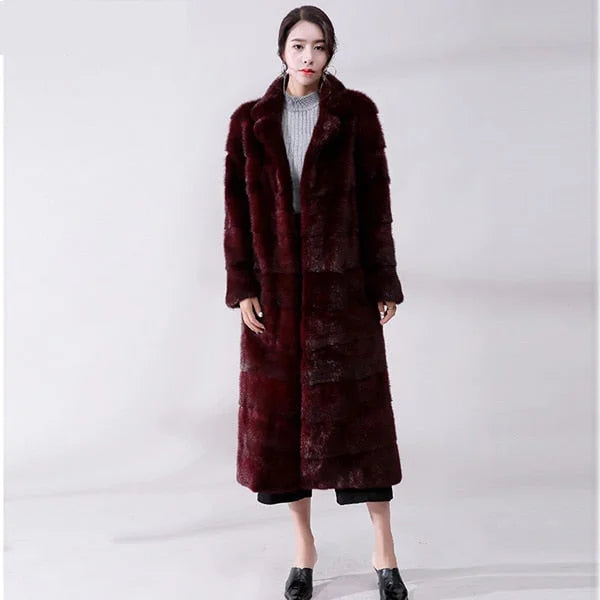 Women's Casual Winter Warm Real Mink Fur Turn Down Collar Slim Long Jacket