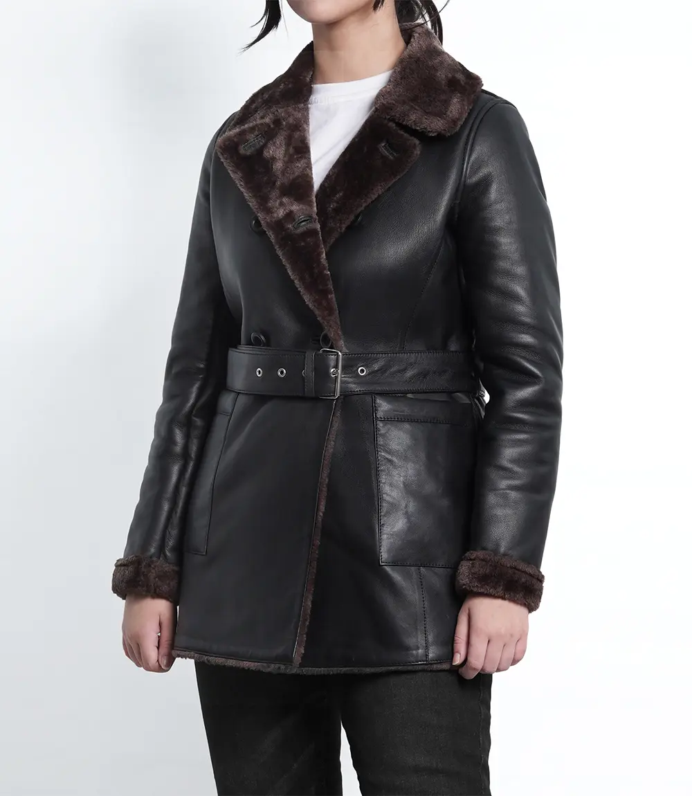 Womens Dark Brown Belted Leather Coat With Shearling - Faux Shearling Lining