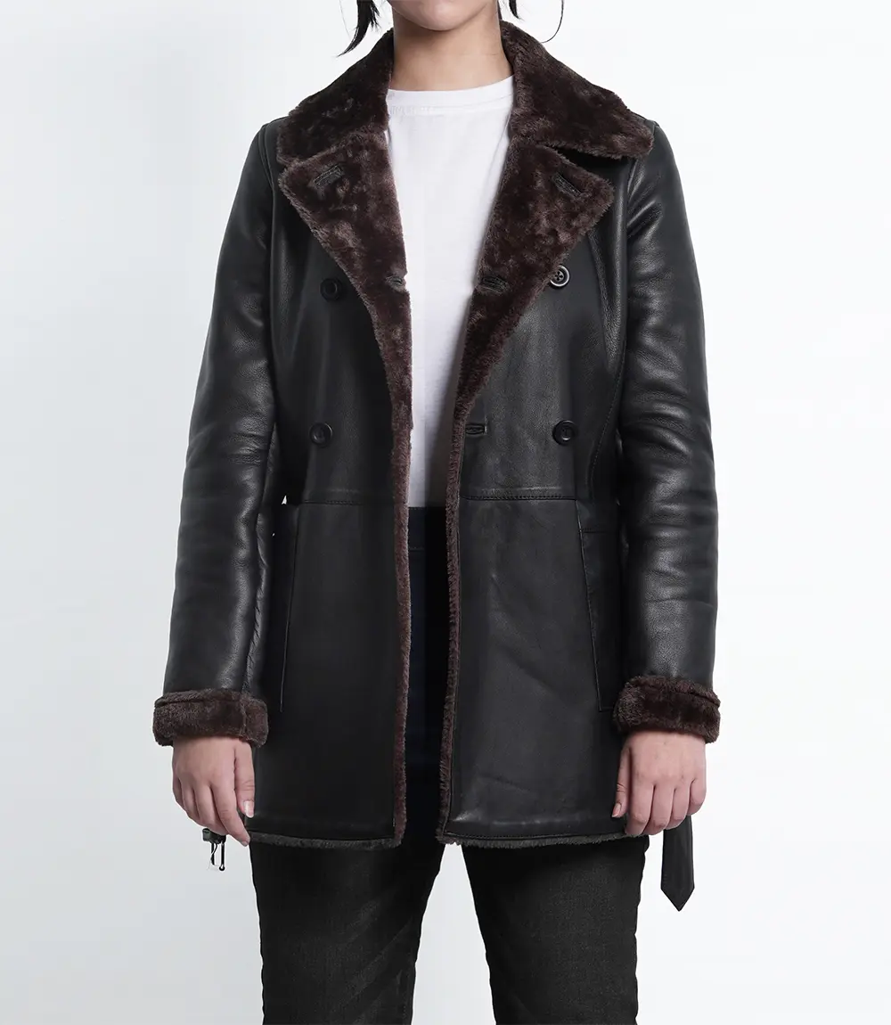 Womens Dark Brown Belted Leather Coat With Shearling - Faux Shearling Lining