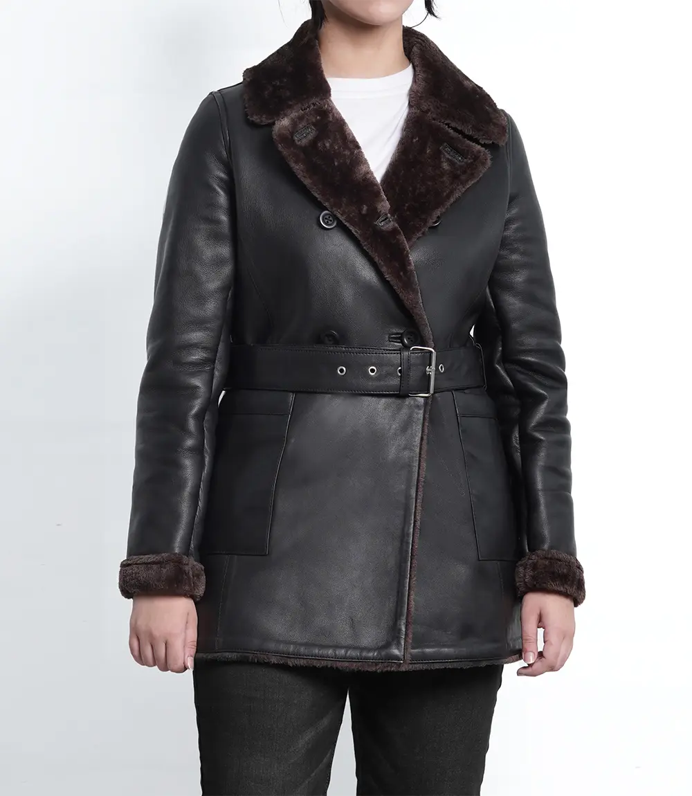 Womens Dark Brown Belted Leather Coat With Shearling - Faux Shearling Lining