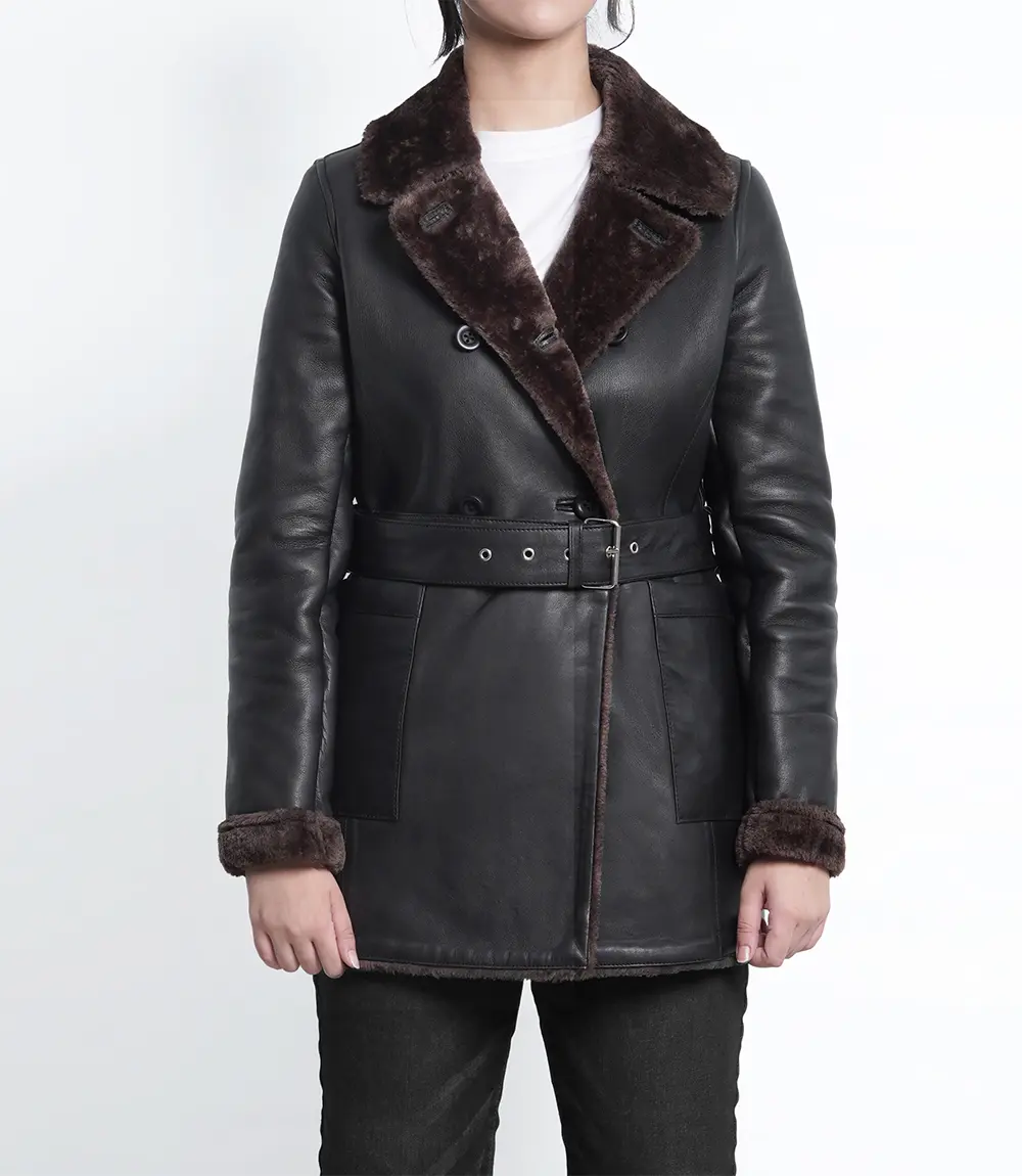 Womens Dark Brown Belted Leather Coat With Shearling - Faux Shearling Lining