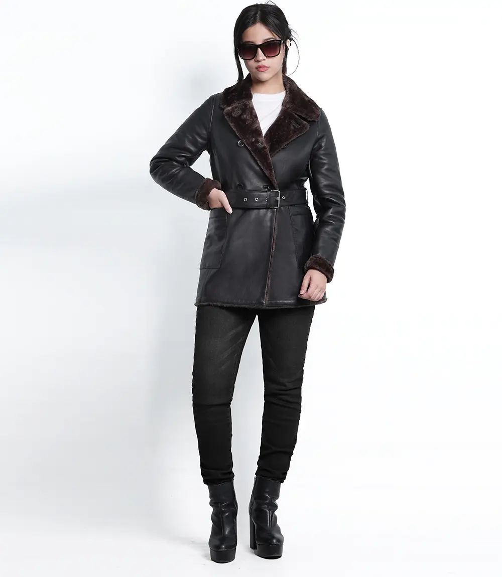 Womens Dark Brown Belted Leather Coat With Shearling - Faux Shearling Lining