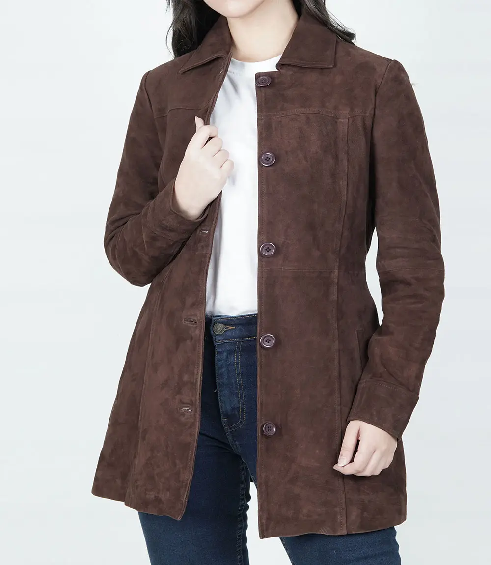 Womens Dark Brown Suede Button Down Coat