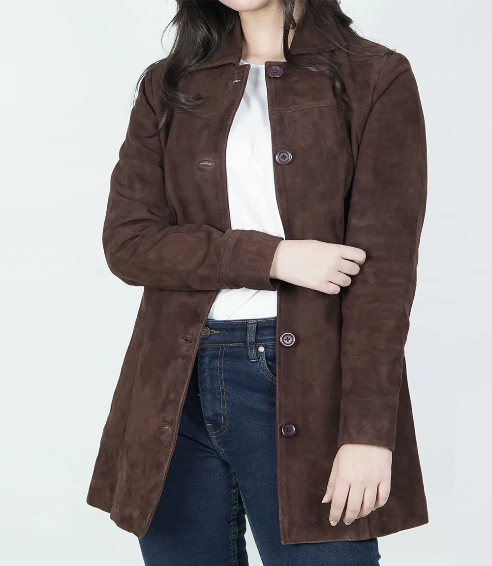 Womens Dark Brown Suede Button Down Coat